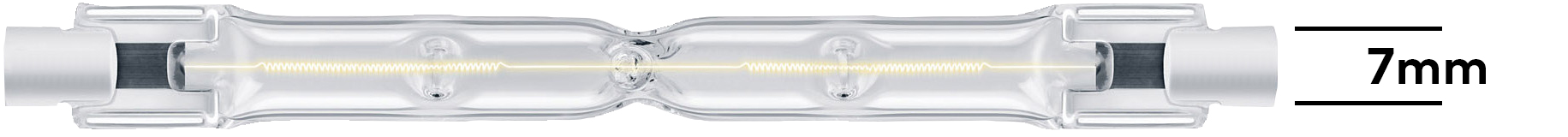 Lampe halogène typique. R7 en référence à la largeur du raccord de 7 mm. 